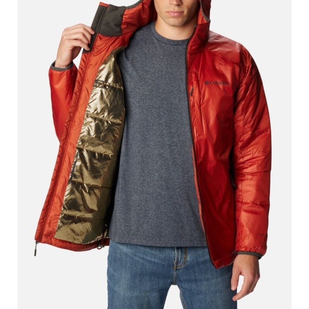 NWT Columbia Men's Puffer Red Hooded Jacket with Gold Lining XLT